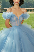 Laden Sie das Bild in den Galerie-Viewer, Himmelblaues Ballkleid Prinzessin Tüll Langes Quinceanera Kleid mit Rüschen