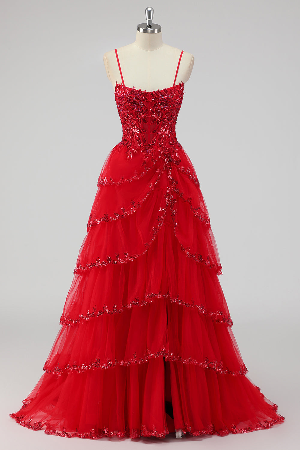 Glitzerndes Dunkelrotes Trägerloses Pailletten Korsett Ballkleid mit Schlitz in A-Linie