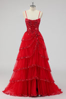 Laden Sie das Bild in den Galerie-Viewer, Glitzerndes Salbeigrünes A-Linie Spaghettiträger Pailletten Korsett Gestuftes Ballkleid mit Schlitz