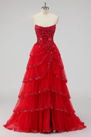 Laden Sie das Bild in den Galerie-Viewer, Glitzerndes Salbeigrünes A-Linie Spaghettiträger Pailletten Korsett Gestuftes Ballkleid mit Schlitz