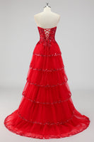 Laden Sie das Bild in den Galerie-Viewer, Glitzerndes Salbeigrünes A-Linie Spaghettiträger Pailletten Korsett Gestuftes Ballkleid mit Schlitz