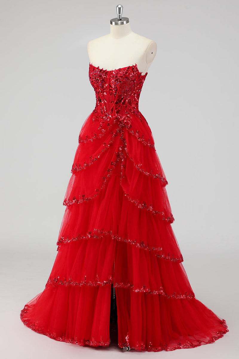 Laden Sie das Bild in den Galerie-Viewer, Glitzerndes Salbeigrünes A-Linie Spaghettiträger Pailletten Korsett Gestuftes Ballkleid mit Schlitz