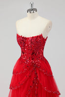 Laden Sie das Bild in den Galerie-Viewer, Glitzerndes Salbeigrünes A-Linie Spaghettiträger Pailletten Korsett Gestuftes Ballkleid mit Schlitz