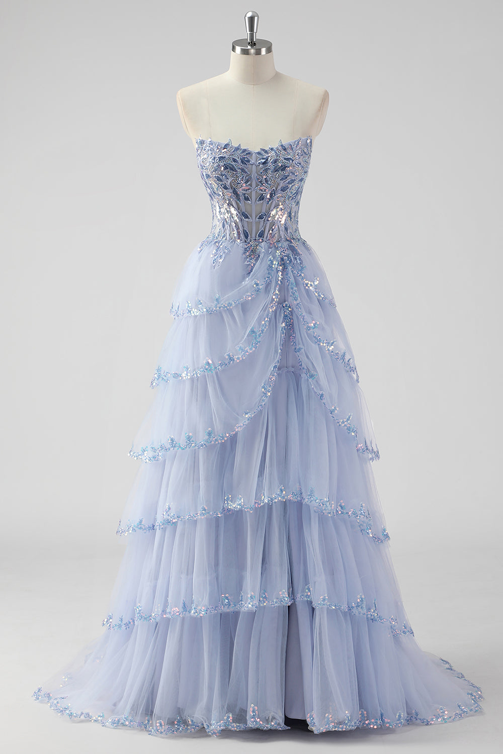 Lavendel A-Linie Trägerloses Pailletten Korsett Gestuftes Ballkleid mit Schlitz