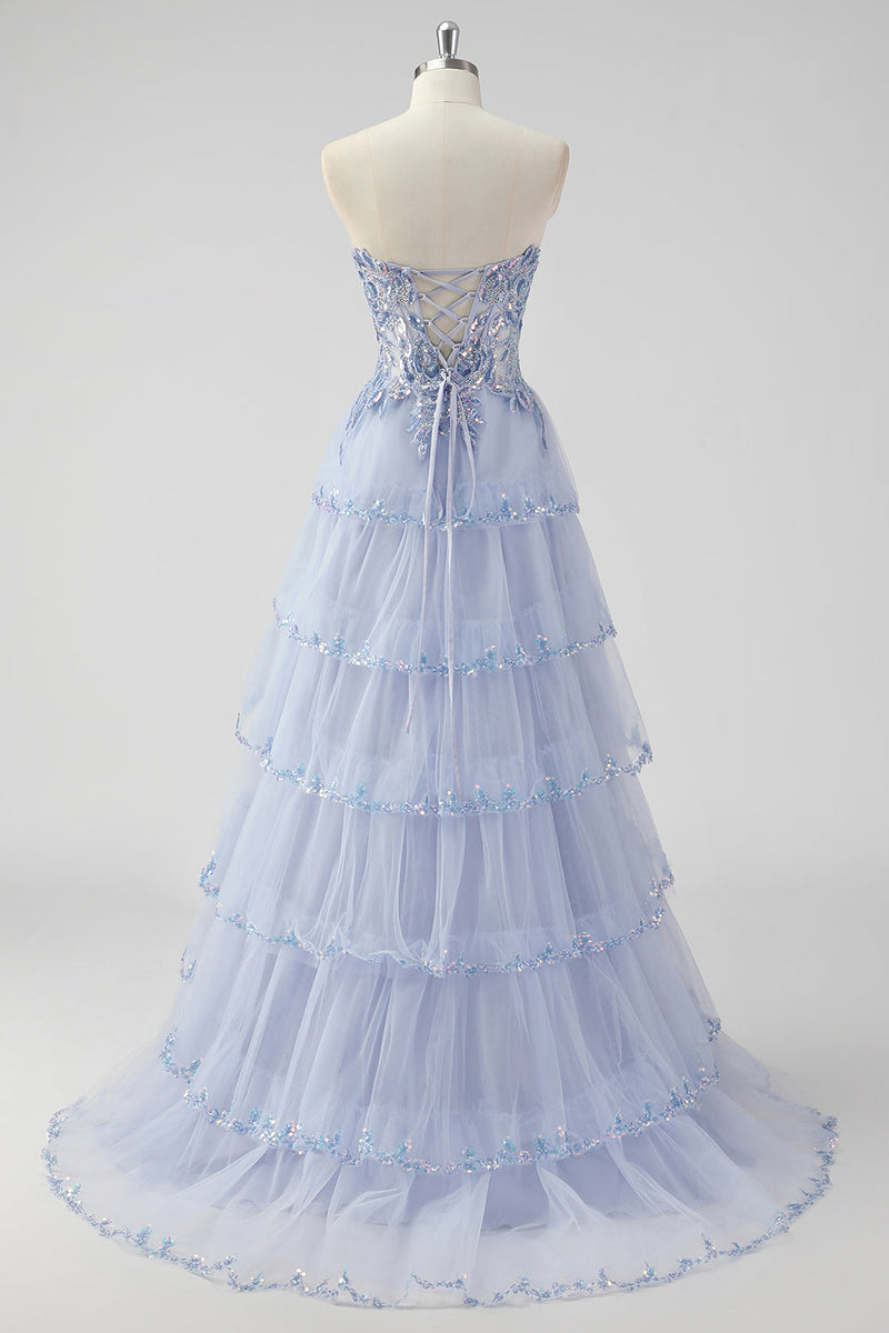 Laden Sie das Bild in den Galerie-Viewer, Glitzerndes Dunkelrotes Trägerloses Pailletten Korsett Ballkleid mit Schlitz in A-Linie