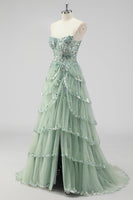 Laden Sie das Bild in den Galerie-Viewer, Glitzerndes Salbeigrünes A-Linie Spaghettiträger Pailletten Korsett Gestuftes Ballkleid mit Schlitz