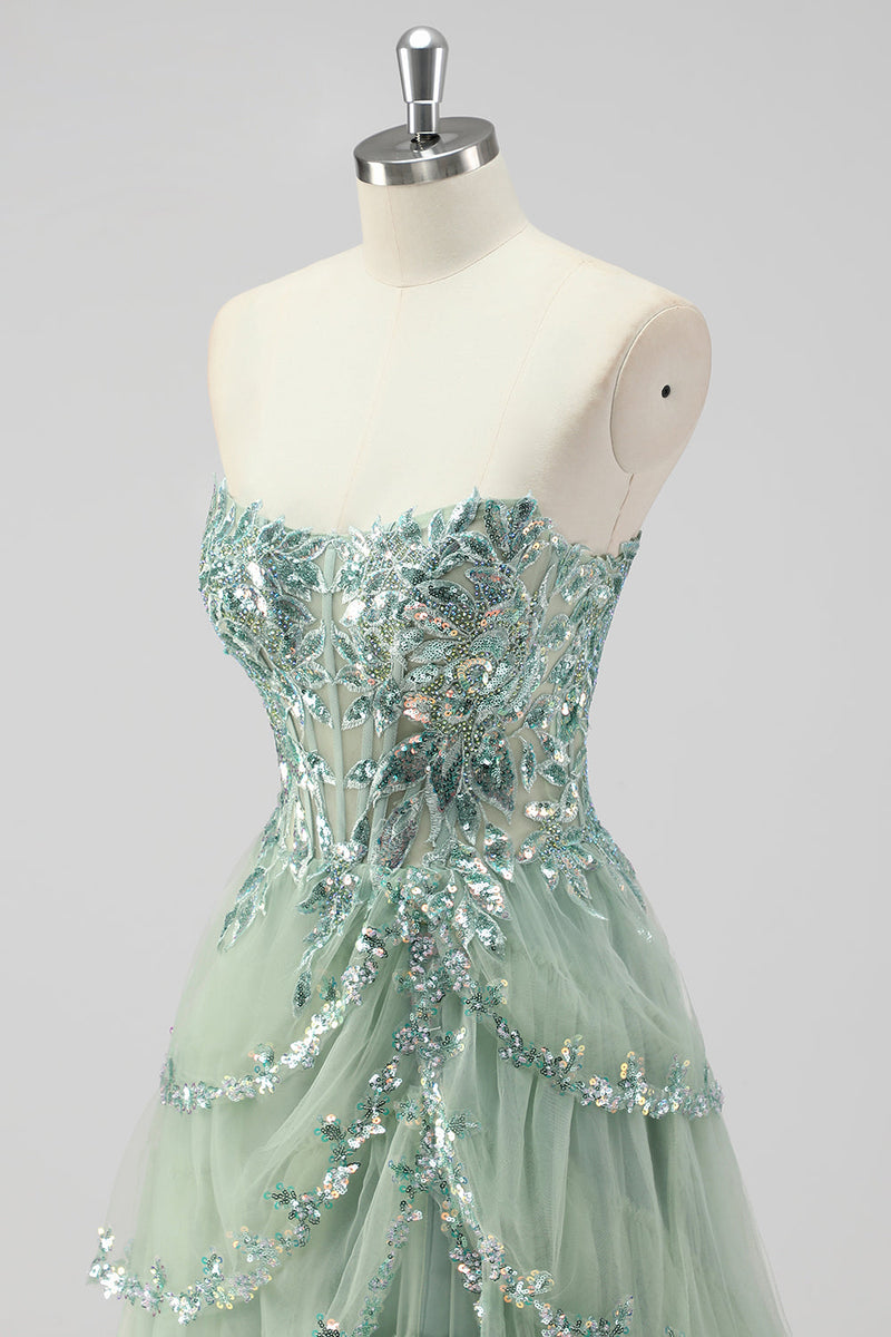 Laden Sie das Bild in den Galerie-Viewer, Glitzerndes Salbeigrünes A-Linie Spaghettiträger Pailletten Korsett Gestuftes Ballkleid mit Schlitz