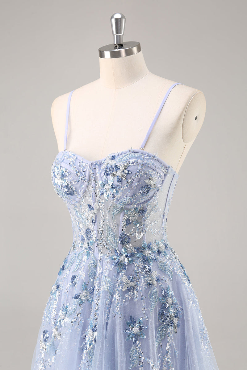 Laden Sie das Bild in den Galerie-Viewer, Glitzerndes Grünes A-Linie Trägerlose Pailletten Korsett Tüll Langes Ballkleid mit Schlitz