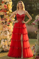 Laden Sie das Bild in den Galerie-Viewer, Glitzerndes Salbeigrünes A-Linie Spaghettiträger Pailletten Korsett Gestuftes Ballkleid mit Schlitz