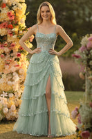 Laden Sie das Bild in den Galerie-Viewer, Glitzerndes Salbeigrünes A-Linie Spaghettiträger Pailletten Korsett Gestuftes Ballkleid mit Schlitz