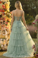 Laden Sie das Bild in den Galerie-Viewer, Glitzerndes Salbeigrünes A-Linie Spaghettiträger Pailletten Korsett Gestuftes Ballkleid mit Schlitz