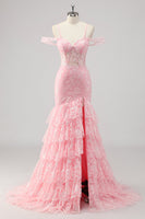 Laden Sie das Bild in den Galerie-Viewer, Korsett Meerjungfrau Kalte Schulter Appliziertes Rosa Ballkleid