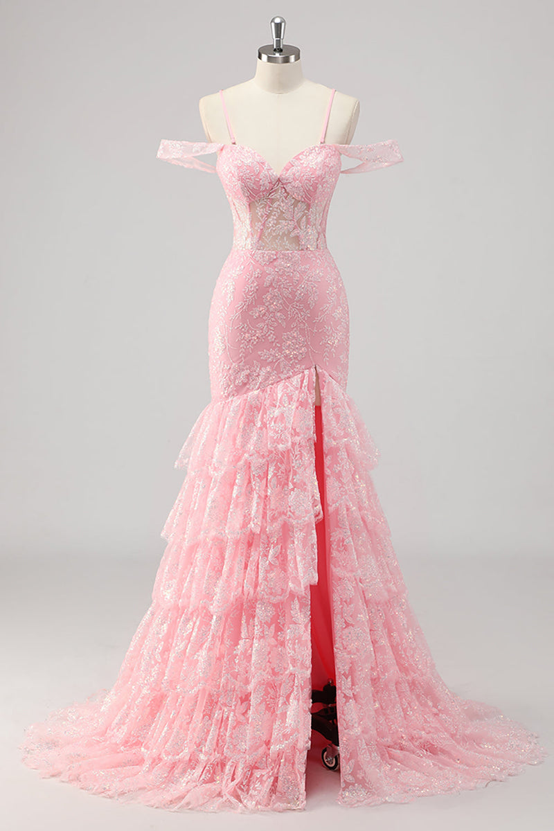 Laden Sie das Bild in den Galerie-Viewer, Korsett Meerjungfrau Kalte Schulter Appliziertes Rosa Ballkleid