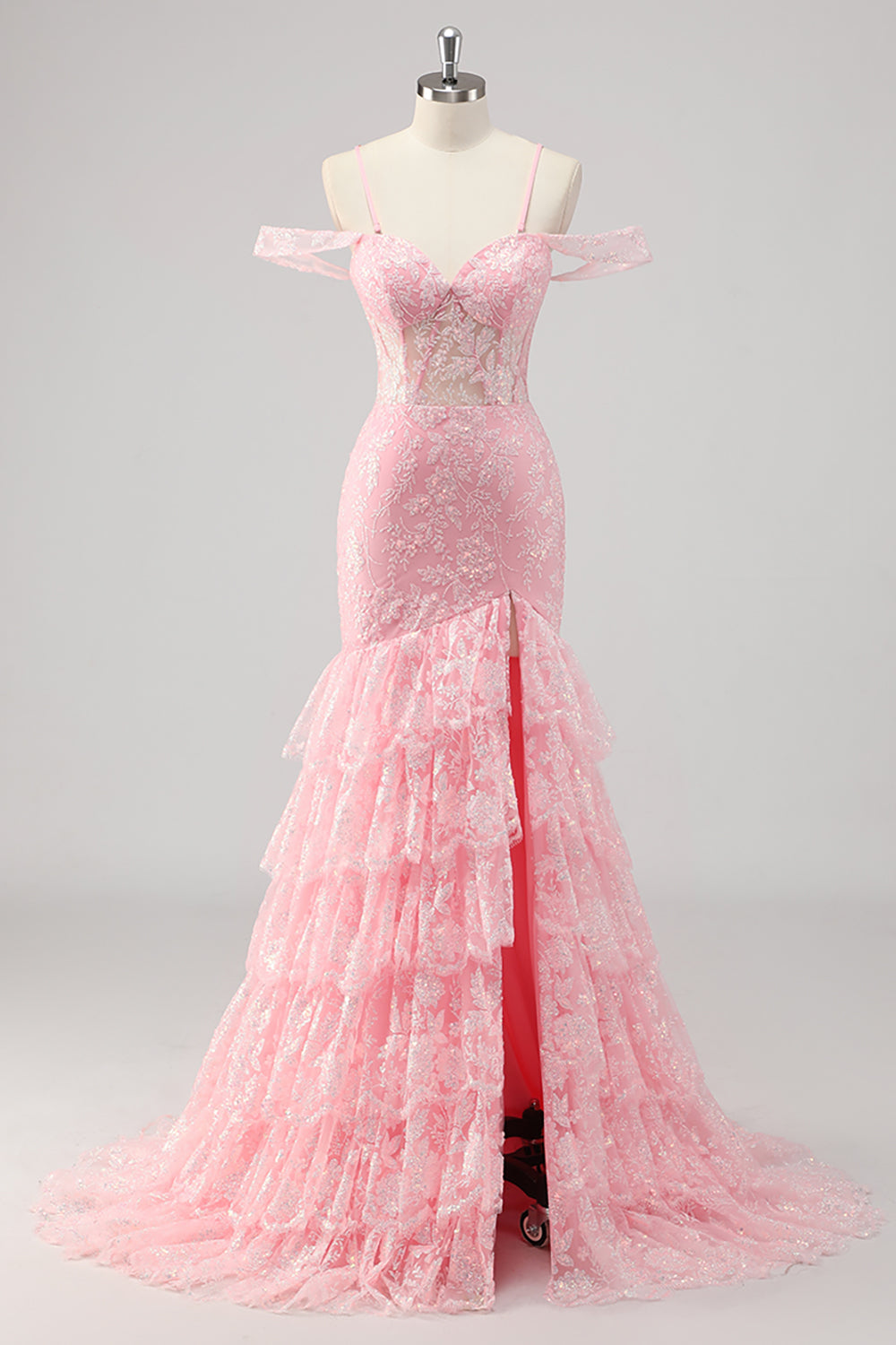 Korsett Meerjungfrau Kalte Schulter Appliziertes Rosa Ballkleid