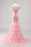 Laden Sie das Bild in den Galerie-Viewer, Korsett Meerjungfrau Kalte Schulter Appliziertes Rosa Ballkleid