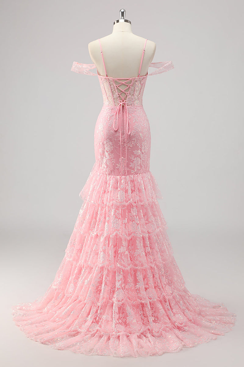 Laden Sie das Bild in den Galerie-Viewer, Korsett Meerjungfrau Kalte Schulter Appliziertes Rosa Ballkleid