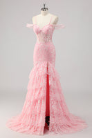 Laden Sie das Bild in den Galerie-Viewer, Korsett Meerjungfrau Kalte Schulter Appliziertes Rosa Ballkleid