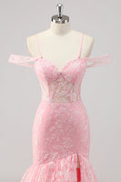 Laden Sie das Bild in den Galerie-Viewer, Korsett Meerjungfrau Kalte Schulter Appliziertes Rosa Ballkleid