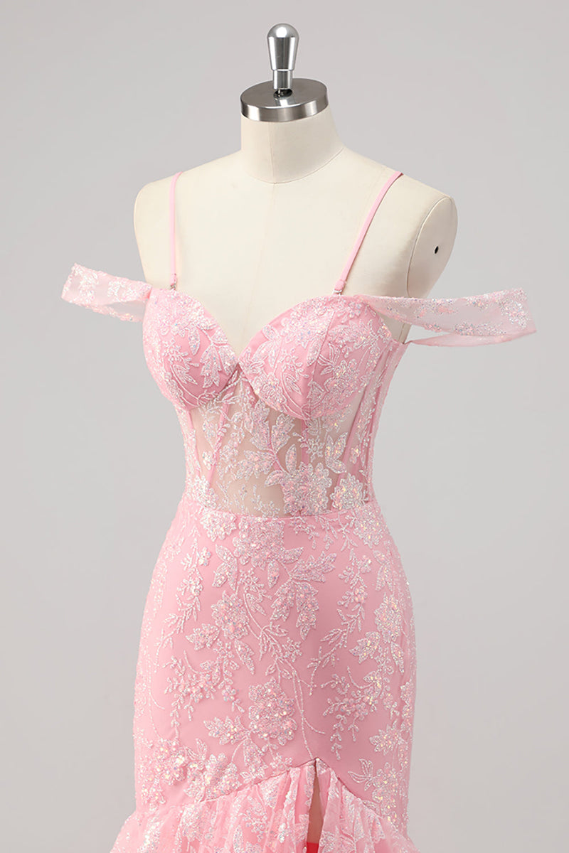 Laden Sie das Bild in den Galerie-Viewer, Korsett Meerjungfrau Kalte Schulter Appliziertes Rosa Ballkleid