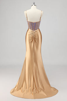 Meerjungfrau Glitzerndes Korsett Goldenes Ballkleid mit Schlitz