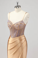 Laden Sie das Bild in den Galerie-Viewer, Meerjungfrau Glitzerndes Korsett Goldenes Ballkleid mit Schlitz