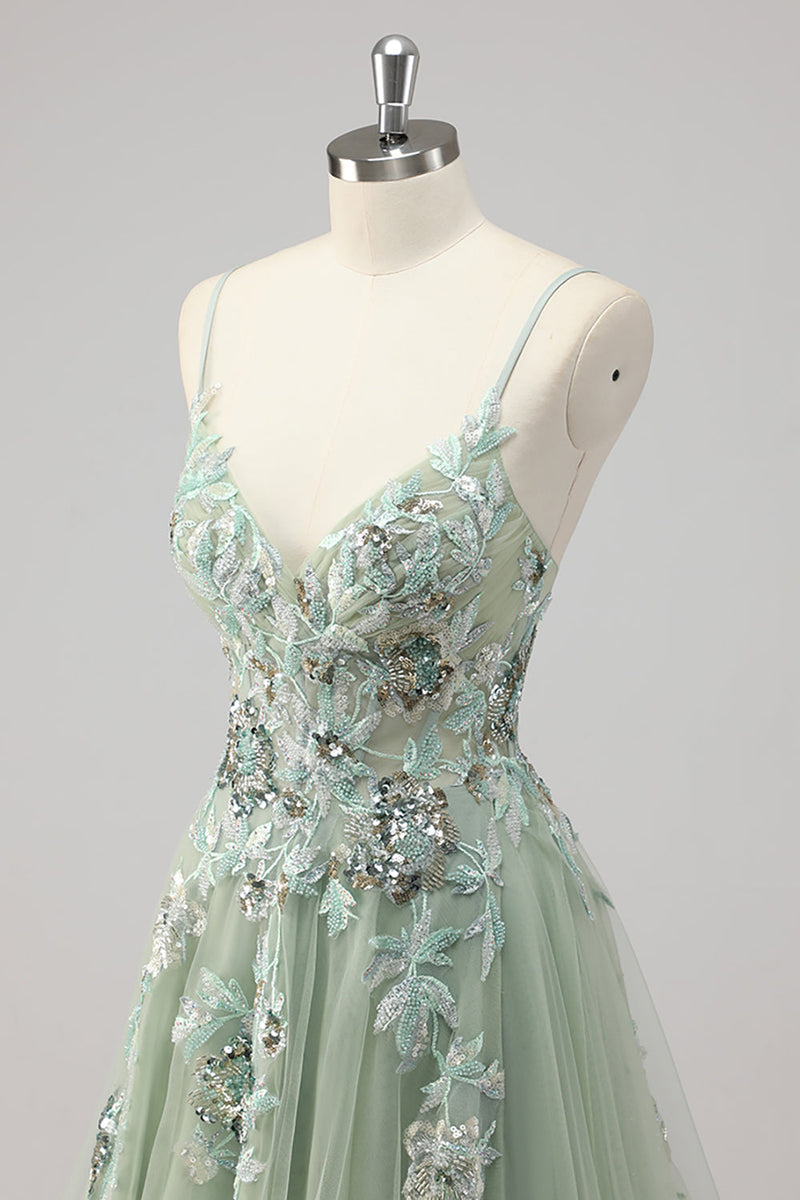 Laden Sie das Bild in den Galerie-Viewer, Grünes A-Linie Pailletten Ballkleid mit Schlitz