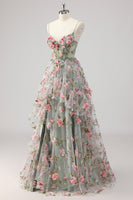 Laden Sie das Bild in den Galerie-Viewer, A Linie Graugrünes Perlenbesetztes Korsett Langes Ballkleid mit 3D-Blumen