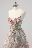 Laden Sie das Bild in den Galerie-Viewer, A Linie Graugrünes Perlenbesetztes Korsett Langes Ballkleid mit 3D-Blumen