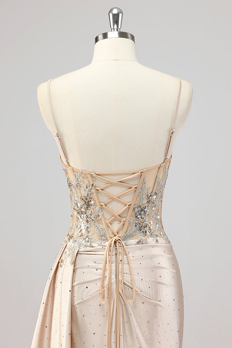 Laden Sie das Bild in den Galerie-Viewer, Champagner Meerjungfrau Pailletten Seitliches Streamer Korsett Ballkleid mit Schlitz