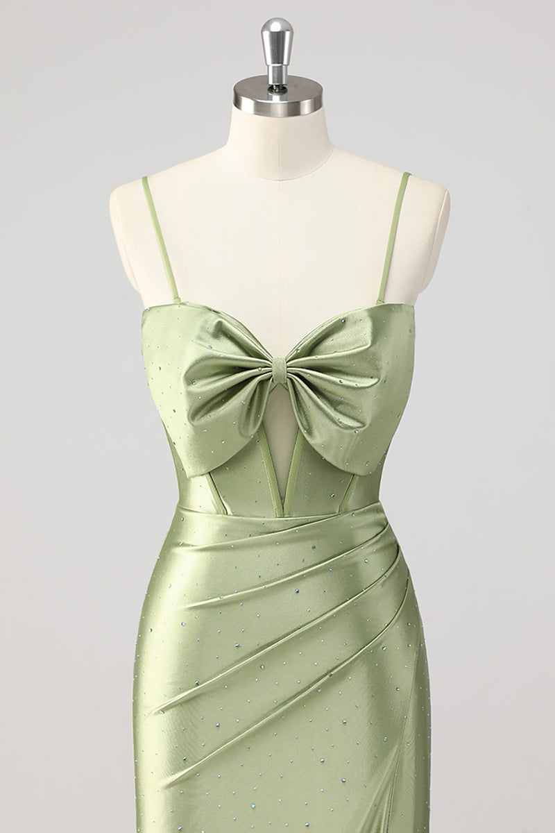 Laden Sie das Bild in den Galerie-Viewer, Korsett Meerjungfrau Satin Grünes Perlen Ballkleid mit Schlitz