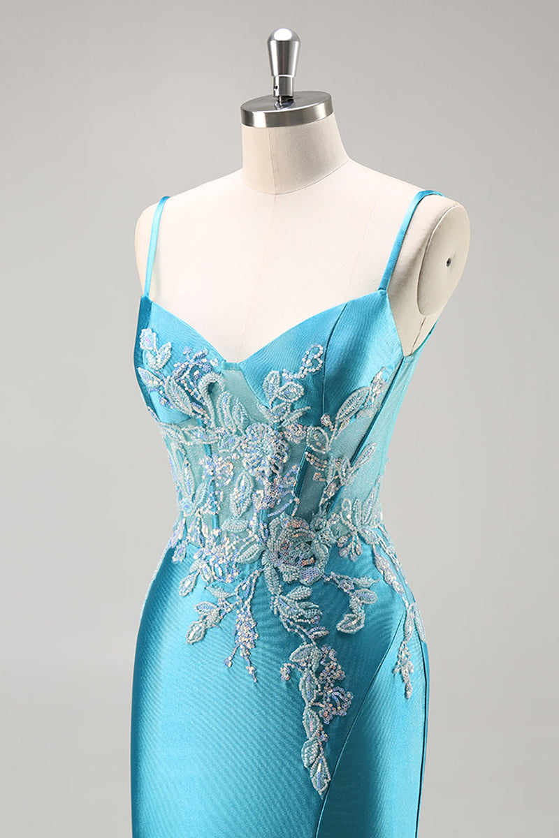 Laden Sie das Bild in den Galerie-Viewer, Meerjungfrau Satin Korsett Blaues Ballkleid mit Perlen