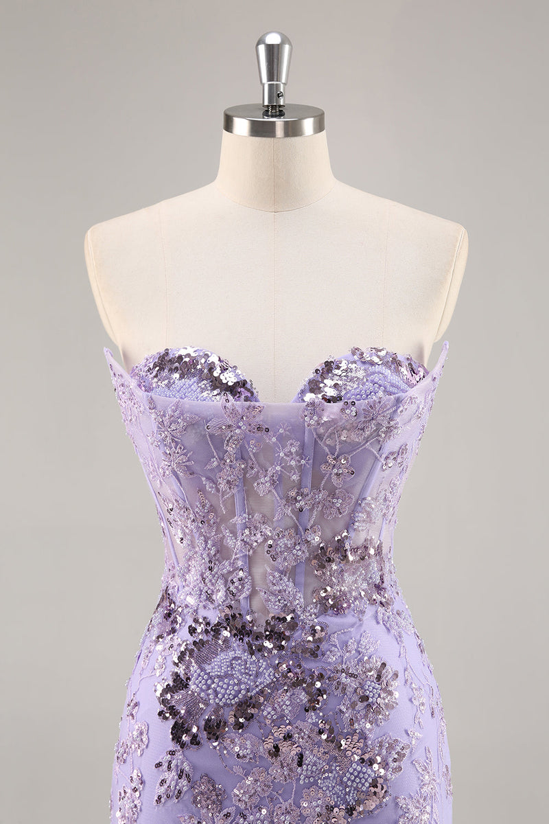 Laden Sie das Bild in den Galerie-Viewer, Trägerloses Perlenbesetztes Figurbetontes Lila Abiballkleid mit Applikationen