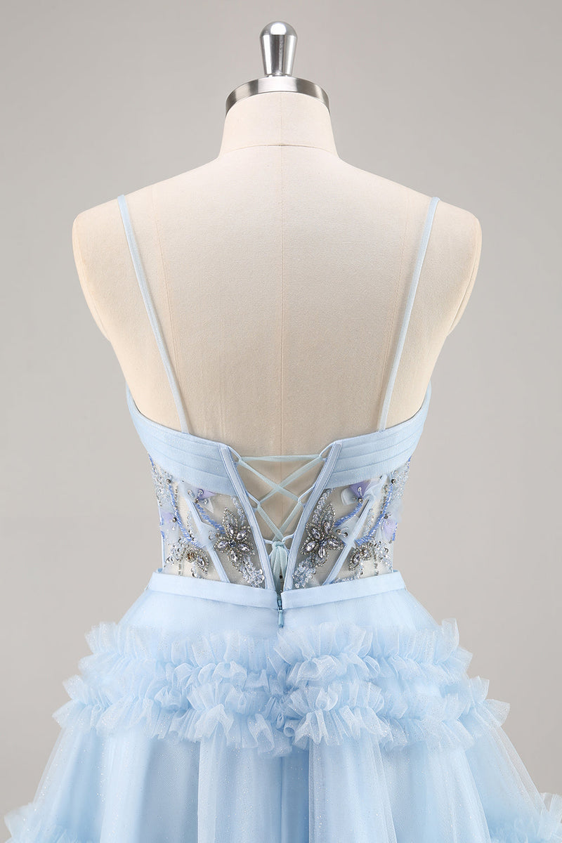 Laden Sie das Bild in den Galerie-Viewer, Blaues Perlenbesetztes A-Linie Korsett Cocktailkleid