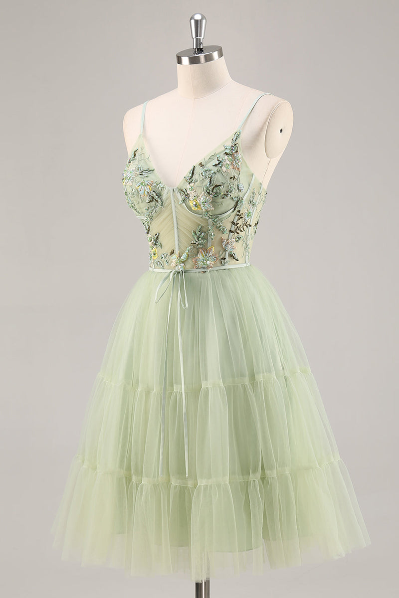 Laden Sie das Bild in den Galerie-Viewer, Grünes Korsett A-Linie Cocktailkleid mit Applikation