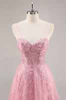 Laden Sie das Bild in den Galerie-Viewer, Glitzerndes Rosa Korsett A-Linie Langes Ballkleid