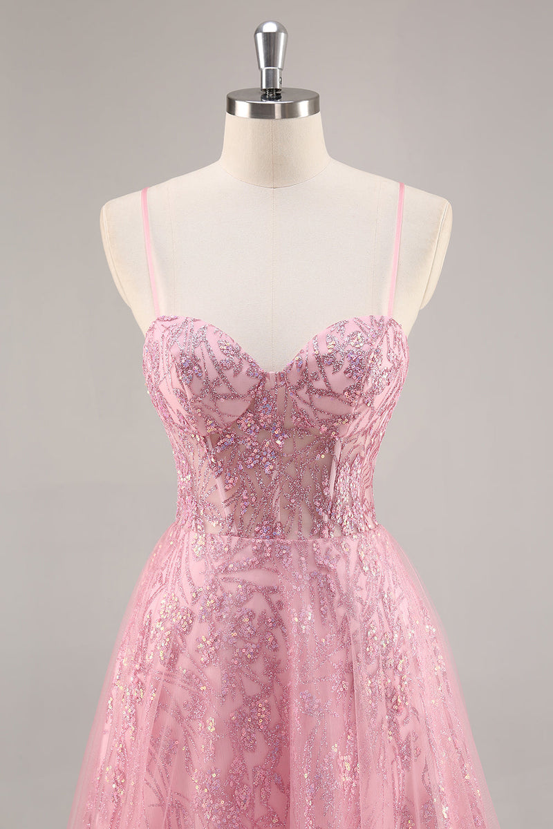 Laden Sie das Bild in den Galerie-Viewer, Glitzerndes Rosa Korsett A-Linie Langes Ballkleid