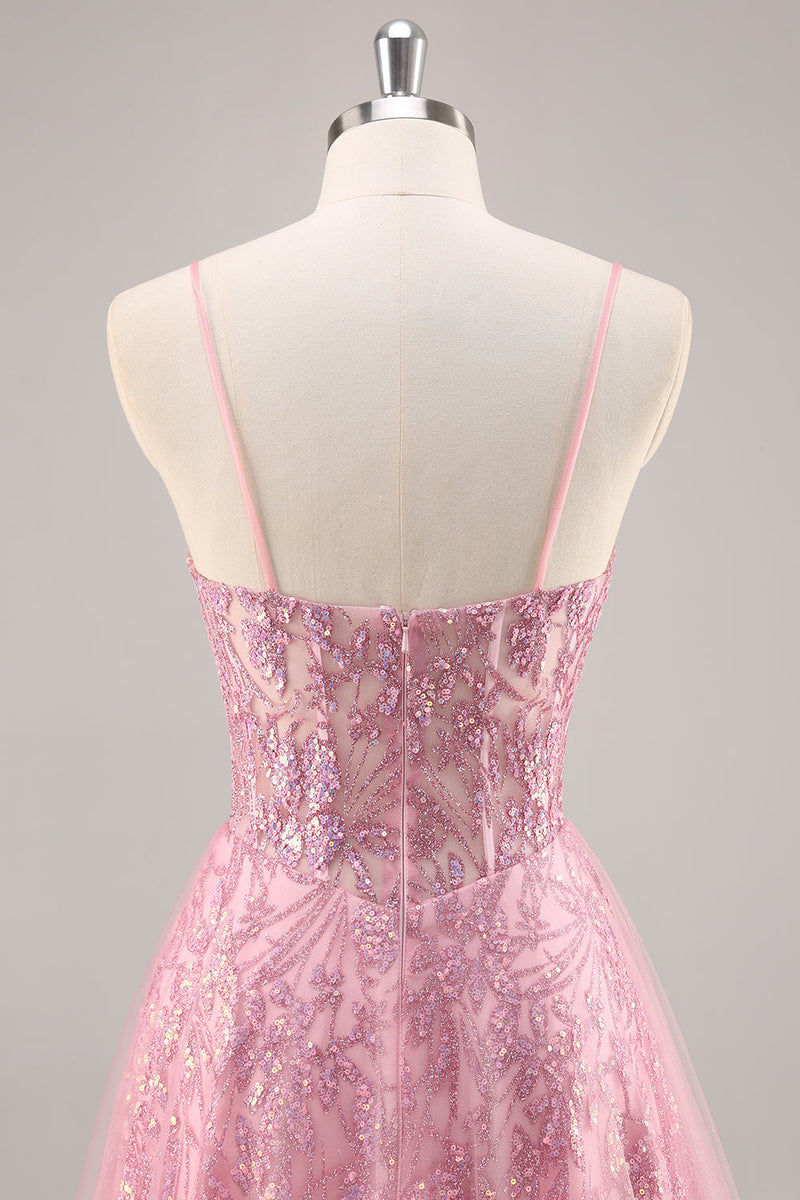 Laden Sie das Bild in den Galerie-Viewer, Glitzerndes Rosa Korsett A-Linie Langes Ballkleid