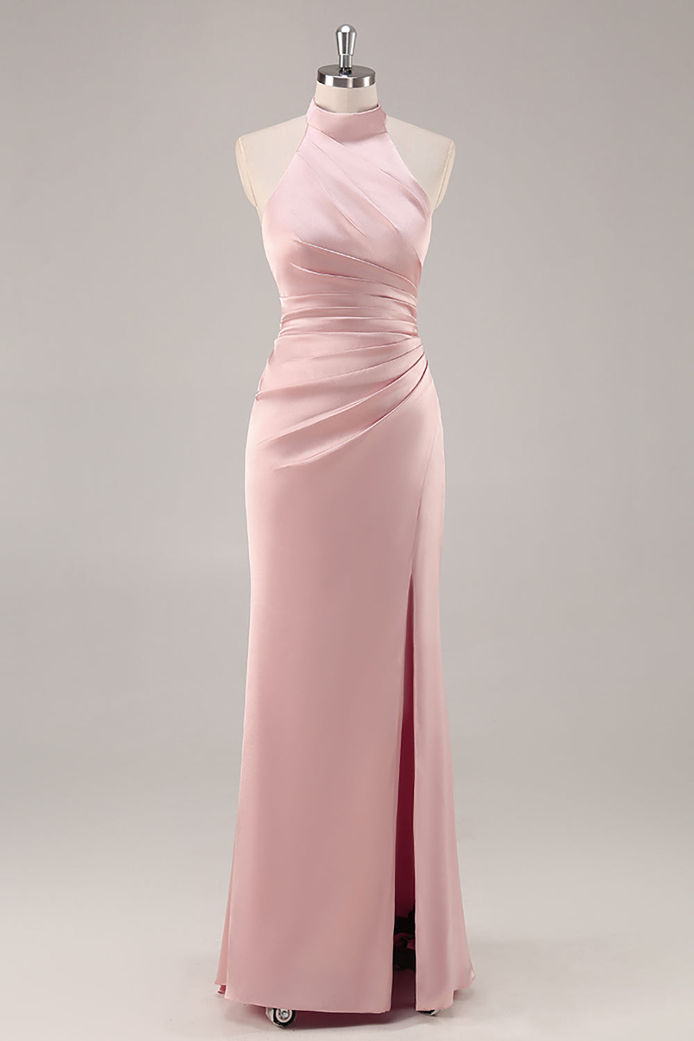 Blush Langes Hochgeschlossenes Brautjungfernkleid aus Satin mit Rüschen und Schlitz