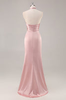 Laden Sie das Bild in den Galerie-Viewer, Blush Langes Hochgeschlossenes Brautjungfernkleid aus Satin mit Rüschen und Schlitz