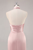 Laden Sie das Bild in den Galerie-Viewer, Blush Langes Hochgeschlossenes Brautjungfernkleid aus Satin mit Rüschen und Schlitz
