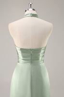 Laden Sie das Bild in den Galerie-Viewer, Blush Langes Hochgeschlossenes Brautjungfernkleid aus Satin mit Rüschen und Schlitz