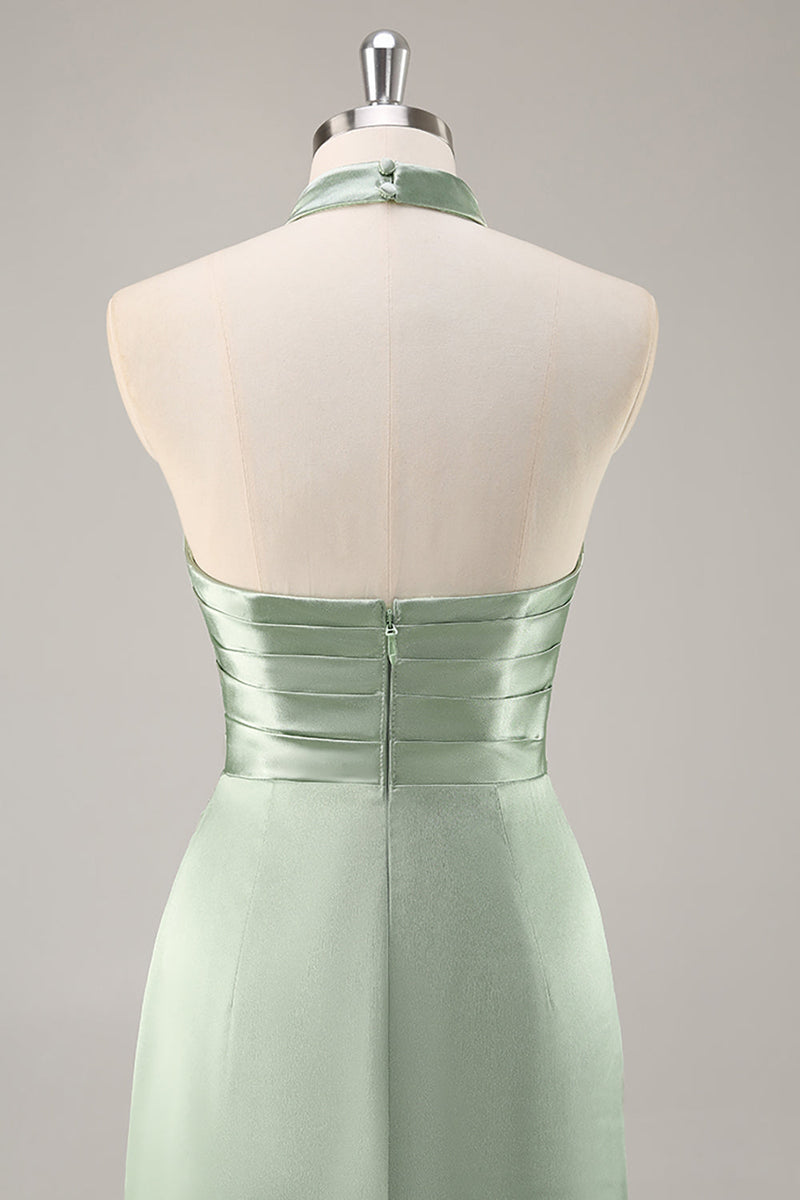 Laden Sie das Bild in den Galerie-Viewer, Blush Langes Hochgeschlossenes Brautjungfernkleid aus Satin mit Rüschen und Schlitz