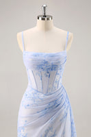 Laden Sie das Bild in den Galerie-Viewer, Blaues Blumen Meerjungfrauen Korsett Langes Brautjungfernkleid mit Schlitz