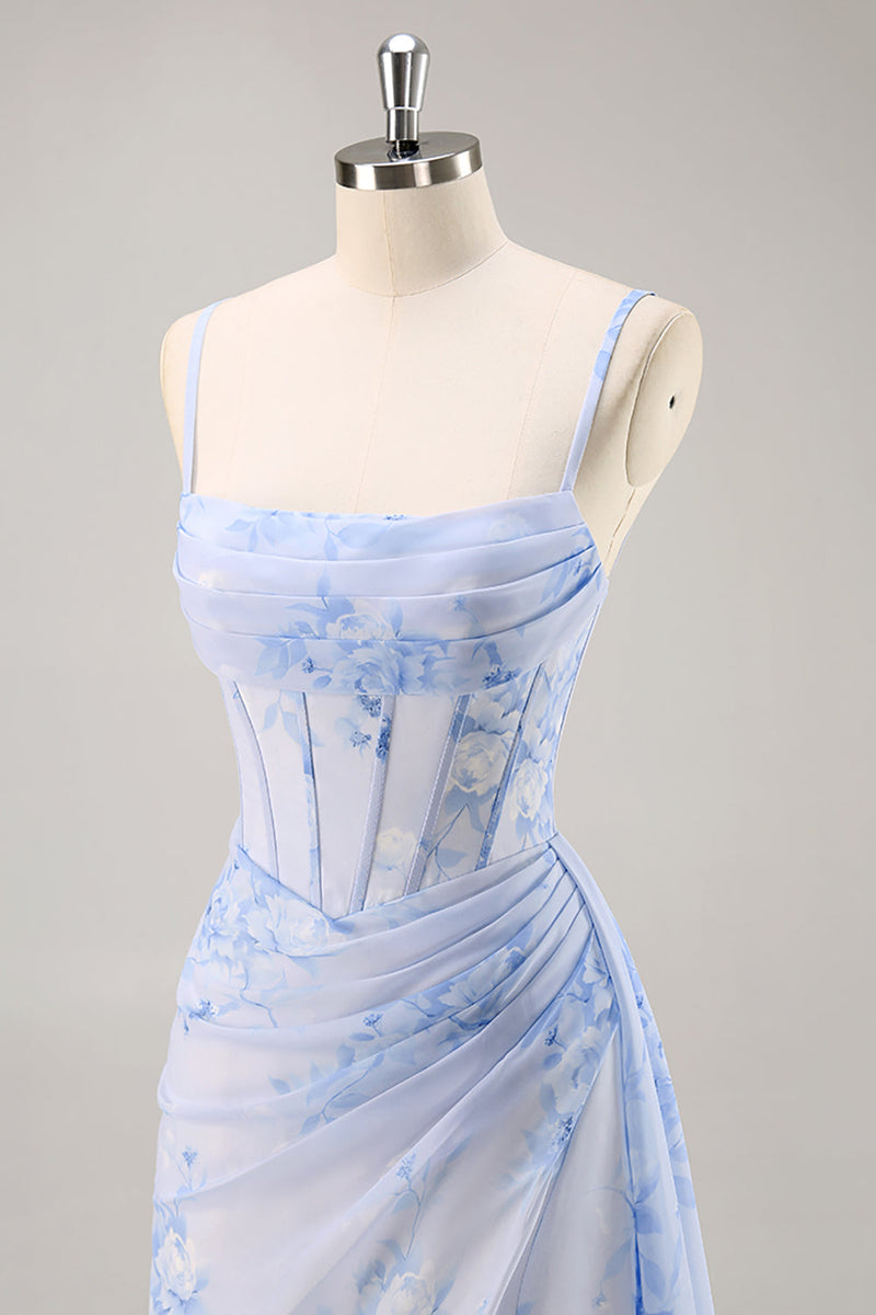 Laden Sie das Bild in den Galerie-Viewer, Blaues Blumen Meerjungfrauen Korsett Langes Brautjungfernkleid mit Schlitz