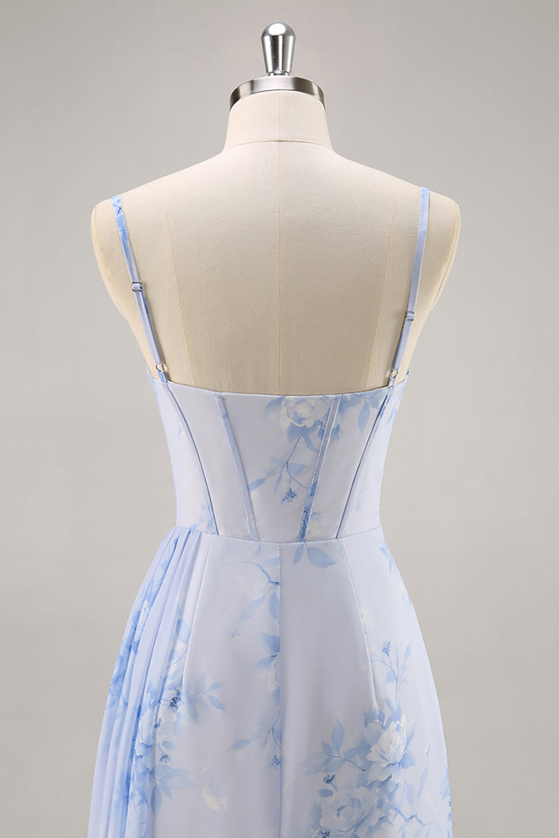 Laden Sie das Bild in den Galerie-Viewer, Blaues Blumen Meerjungfrauen Korsett Langes Brautjungfernkleid mit Schlitz