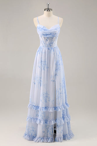 Blaues Geblümtes Korsett Chiffon Langes Brautjungfernkleid mit Schlitz