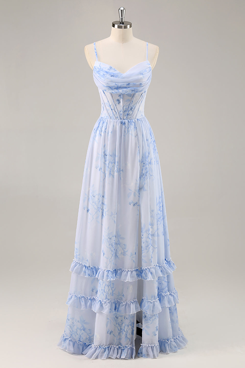 Blaues Geblümtes Korsett Chiffon Langes Brautjungfernkleid mit Schlitz