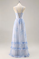 Laden Sie das Bild in den Galerie-Viewer, Blaues Geblümtes Korsett Chiffon Langes Brautjungfernkleid mit Schlitz