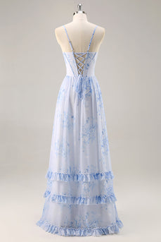 Blaues Geblümtes Korsett Chiffon Langes Brautjungfernkleid mit Schlitz