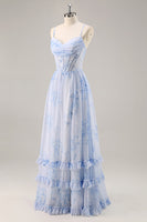 Laden Sie das Bild in den Galerie-Viewer, Blaues Geblümtes Korsett Chiffon Langes Brautjungfernkleid mit Schlitz